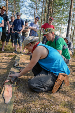 Kuva: Metsähallitus / Kati Vähäsarja Mies fileoi lohia maassa olevan lankun päällä ja yhdeksän katsoo fileointia.