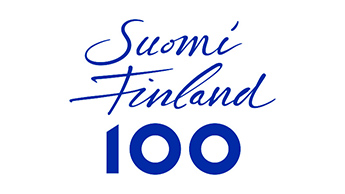Suomi 100 -vuoden tunnus, jossa on teksti Suomi Finland 100