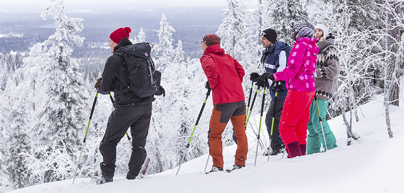 Viisi lumikenkäilijää seisoo korkean vaaran rinteellä katsomassa lumista maisemaa.