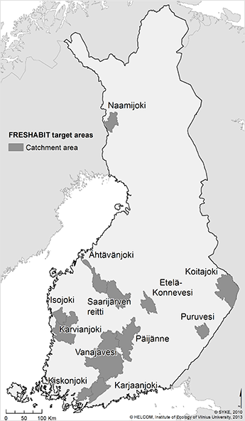Freshabit-LIFE-IP-hankkeen kohdealueet Kahdeksan kohdealueen sijainti Suomen kartalla.