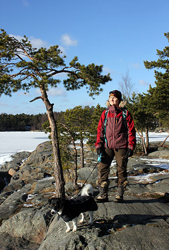 Kansallispuistoissa ihminen on kytketty kiinni koiran hihnaan. Kuva: Jukka-Pekka Ronkainen