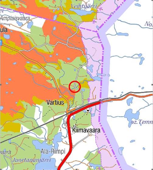 Karttaleike: korjattavan sillan sijainti Kuhmon Vartiuksessa