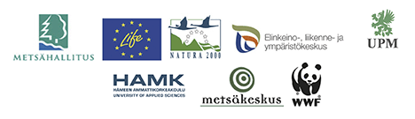 A graphic representing the logos of Metsähallitus, Life, Natura 2000, the Centre for Economic Development, Transport and the Environment, UPM, HAMK, Metsäkeskus Forest Centre and WWF.