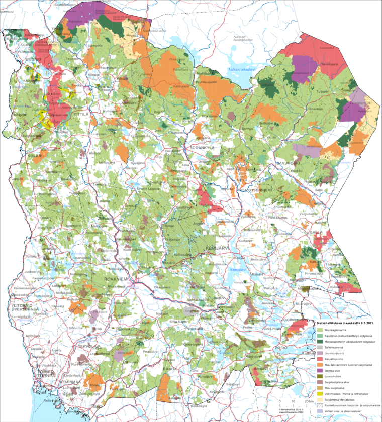 Lapin luonnonvarasuunnittelualueen maankäyttö kartalla.