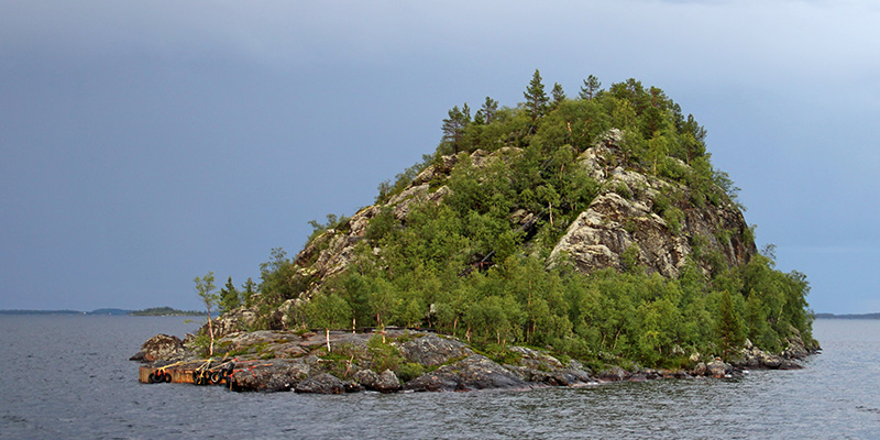 Matalaa puustoa kasvava saari järven keskellä. Ukonsaari, Inarijärvi. Kuva Pasi Nivasalo.