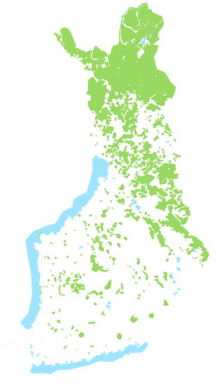 Suomen kartta, jossa merkittynä Metsähallituksen hallinnoimat maa- ja vesialueet.