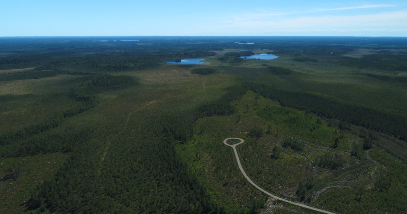 Flygbild av ett vidsträckt skogsområde med små sjöar, en skogsväg och avverkade områden.