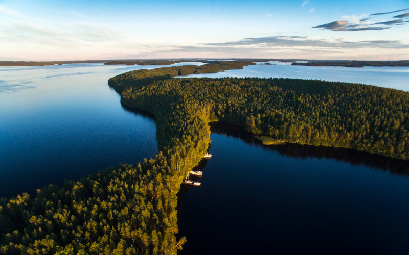 A forested strip of land cuts across a large lake.