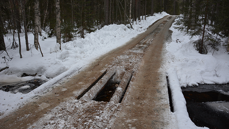 A winter road with ramps placed at a stream crossing.