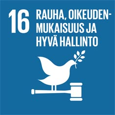 YK:n kestävän kehityksen tavoite numero 16 rauha, oikeudenmukaisuus ja hyvä hallinto.