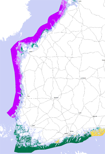 An image of the Finnish coastal and offshore areas produced by the spatial planning tool for aquaculture. Areas in the Gulf of Bothnia and the Bay of Bothnia are shown in purple, while areas in the Gulf of Finland are shown in green.