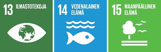 YK:n kestävän kehityksen tavoitteita numero 13 ilmastotekoja, numero 14 vedenalainen elämä ja numero 15 maanpäällinen elämä.