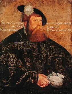 A portrait of a king Gustav Vasa, painted in grey and brown colours.