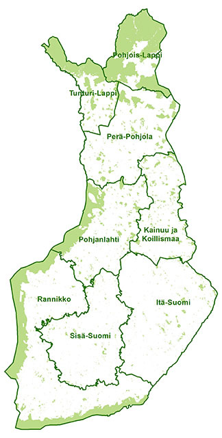 Suomen kartta, johon merkitty Luontopalvelujen puistoalueiden aluejako.