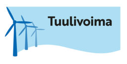 Piirroskuva kolmesta sinisestä tuulivoimalasta ja Tuulivoima-sana.