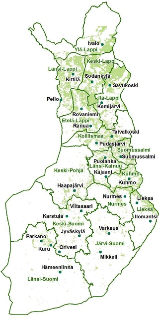 Suomen kartta, jossa esitettynä Metsätalous Oy:n toimipaikat. Niitä on 27 eri puolilla Suomea.
