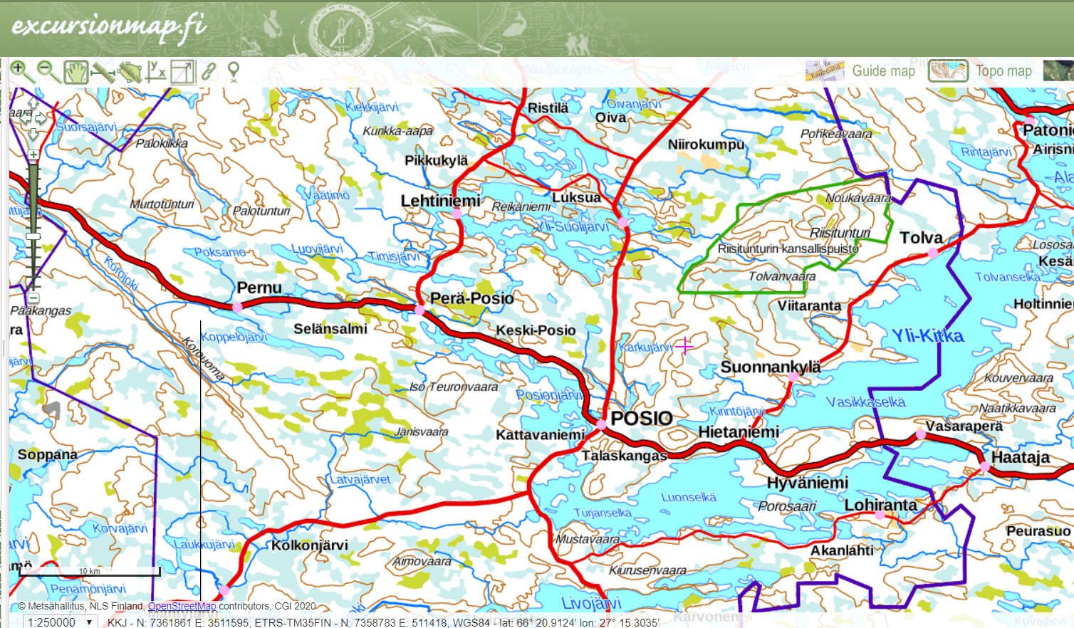 A screen shot from excursionmap-webservice, showing the area of Posio.