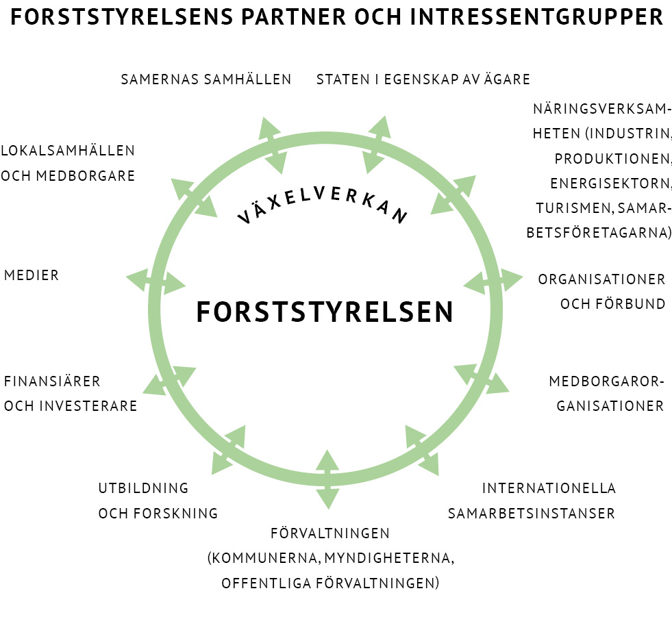 Grafiken berättar Forststyrelsens partner och intressentgrupper, som är staten, näringsverksamheten, organisationer och förbund, medborgarorganisationer, internationella samarbetsinstanser, förvaltningen, utbildning och forskning, finansiärer och inversterare, medier, lokalsamhällen och medborgare och samernas samhällen.