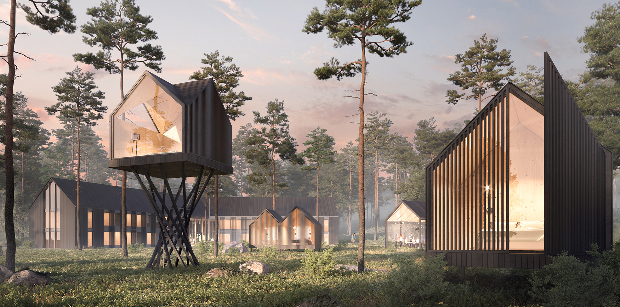 An observation image of a tree house and other wooden buildings.