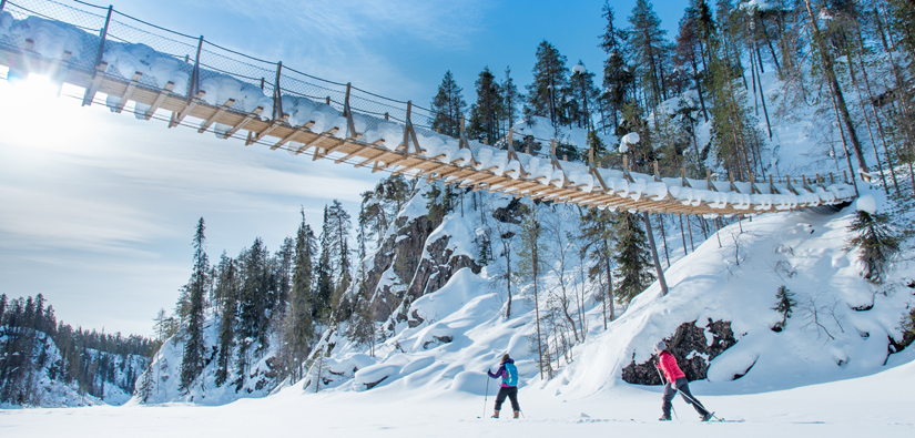 Two people skiing in sunny weather under a suspension bridge.