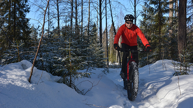 En terrängcyklist åker fatbike längs en snöig stig genom en mångbruksskog i vinterskrud.