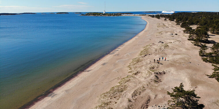 En lång sandstrand vid havet. Flygbild. Människor går på sanden där det finns låg växtlighet.