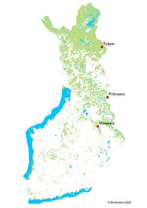 Peitteisen metsänkasvatuksen kolme havaintoaluetta (Tulppio, Pirttivaara ja Maaselkä) Suomen kartalla.