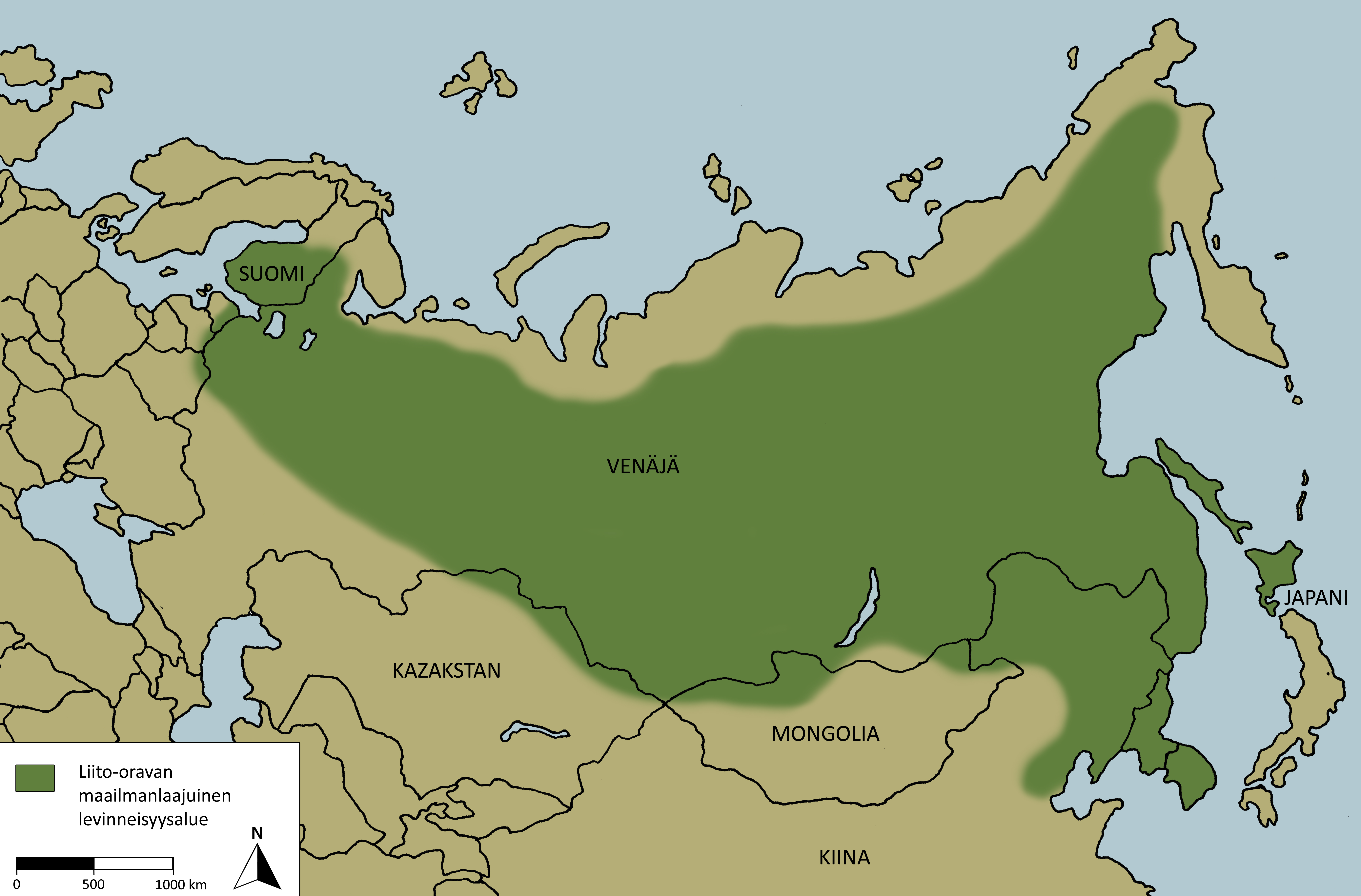 Kartassa on esitetty liito-oravan maailmanlaajuinen levinneisyys. Liito-oravaa esiintyy Suomesta ja Virosta Venäjän halki Japaniin asti.
