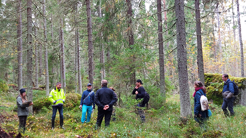 Ihmiset ovat rivissä kuuntelemassa asiantuntijaa mediaretkellä Vaasan Pilvilammella.