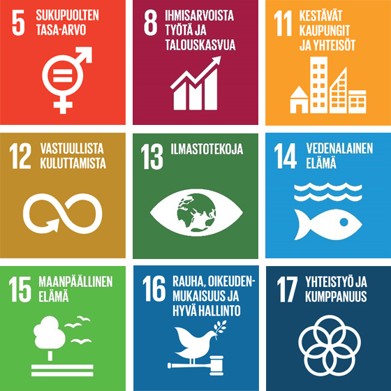 YK:n kestävän kehityksen tavoitteet numerot 5 sukupuolten tasa-arvo, 8 ihmisarvoista työtä ja talouskasvua, 11 kestävät kaupungit ja yhteisöt, 12 vastuullista kuluttamista, 13 ilmastotekoja, 14 vedenalainen elämä, 15 maanpäällinen elämä, 16 rauha, oikeudenmukaisuus ja hyvä hallinto, 17 yhteistyö ja kumppanuus.