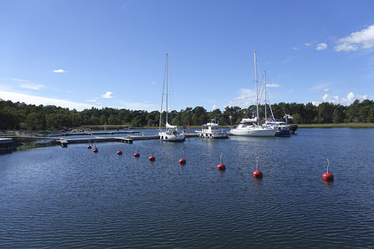 Long jetty with several moored boats. Red buoys some distance from jetty.