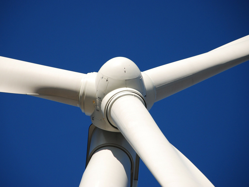 Close up of a wind turbine.