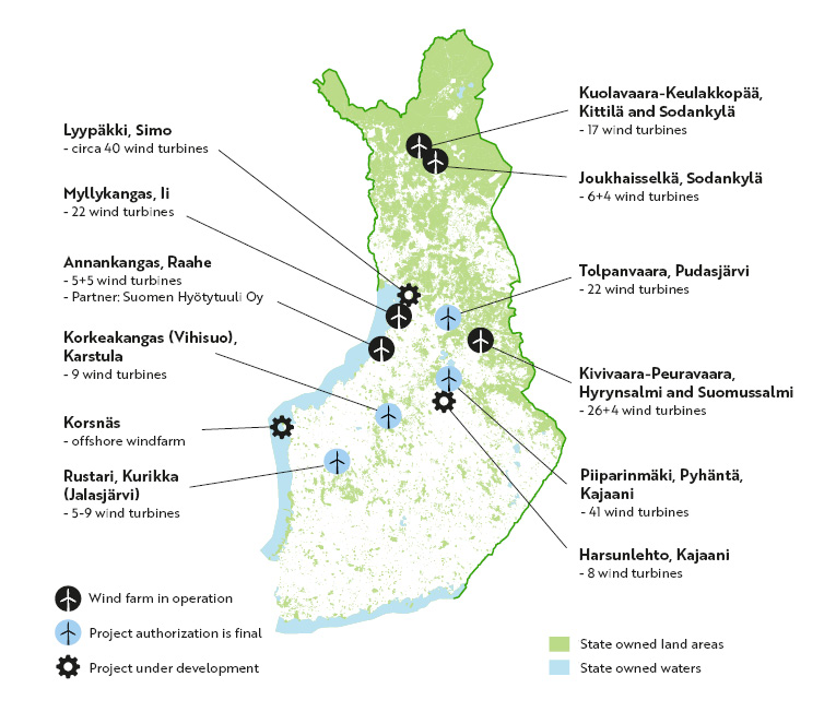 Metsähallitus' wind power projects on the map. The same information is below the map in the text.