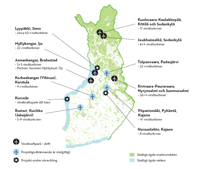 Forststyrelsens vindkraftsprojekt på kartan. Samma information finns under kartan i texten.