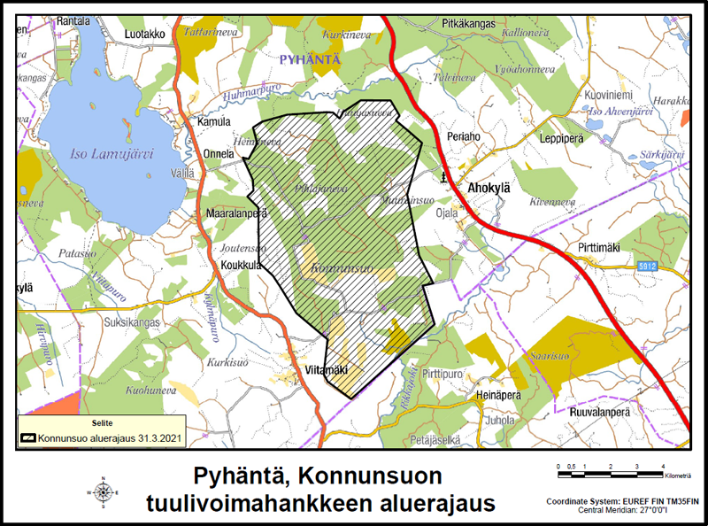 Pyhännän Konnunsuon tuulivoimahannkkeen aluerajaus kartalla.