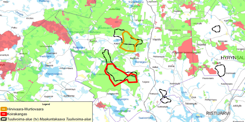 Metsähallituksen Puolangan tuulivoimahankkeiden alueet kartalla.