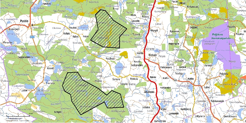 Kartta Puolangan Hirvivaara-Murtiovaaran ja Koirakankaan tuulivoimapusitojen hankealueista.