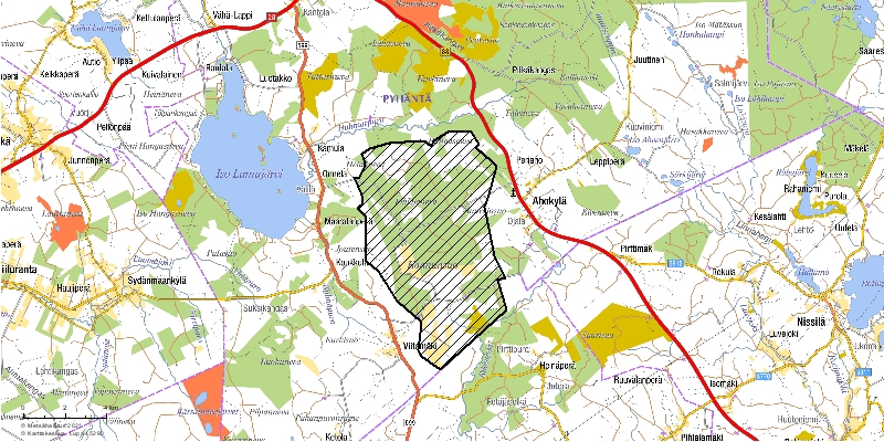 Kartta Metsähallituksen ja Neovan Pyhännän Konnunsuon tuulivoimapuiston hankealueesta.