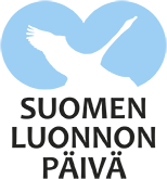 Suomen luonnon päivän piirretty tunnus, jossa on lentävä joutsen kiikareiden läpi nähtynä ja teksti Suomen luonnon päivä.