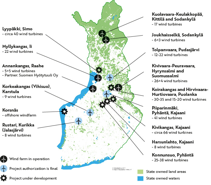Metsähallitus' wind power sites on the map. The same information is presented on the page in text and tables.
