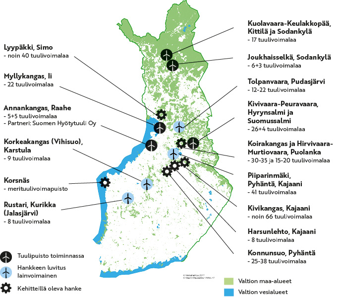 Metsähallituksen tuulivoimakohteet kartalla. Samat tiedot on esitetty sivulla tekstinä ja taulukoina.