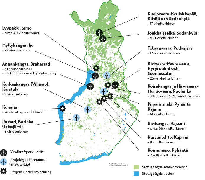 Forstyrelsens vindkraftsplatser på kartan. Samma information presenteras på sidan i text och tabeller.