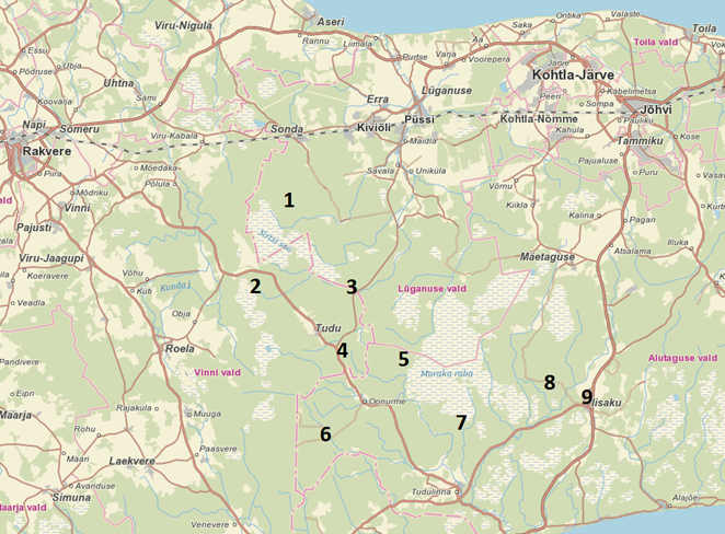 Kirde-Eesti kaart põllurühmade asukohaga (1-9).