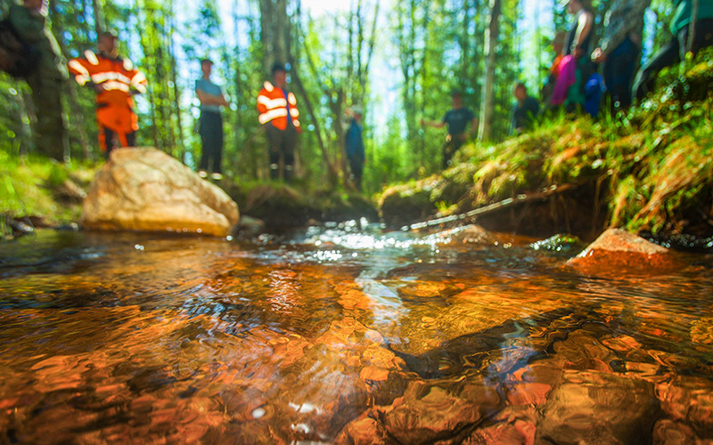 Etualalla virtaa puro,missä kivikkoinen pohja näkyy kirkkaan veden läpi, taustalla seisoo ihmisiä rannalla.