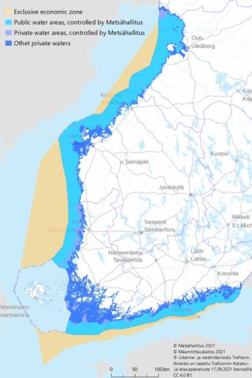 The zones in the Finnish sea area and the area managed by Metsähallitus.
