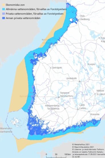 Zonerna i Finlands havsområde och havsområdet som förvaltas av Forststyrelsen.