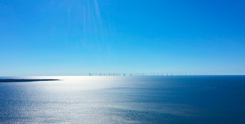 The sea. On the horizon wind farms.