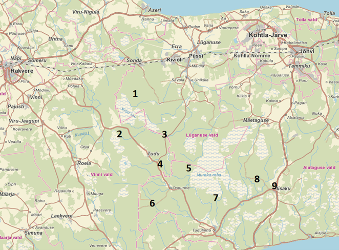 Kartta Koillis-Virosta, johon on merkitty pönttöryhmien (1-9) sijainti.