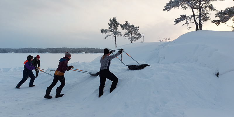 Ihmisillä lumikolat, joilla työntävät lunta korkeaksi kasaksi jäätyneen järven rannalla.