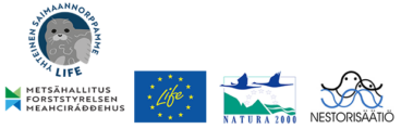 Hankkeen ja rahoittajien tunnukset: Yhteinen saimaannorppamme, Metsähallitus, EU:n Life, Natura 2000 ja Nestorisäätiö.